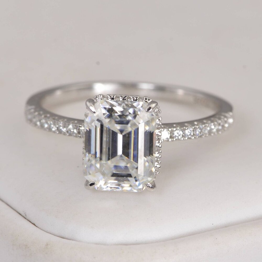 3.0 ct All Moissanite Emerald Cut Engagement Ring 925